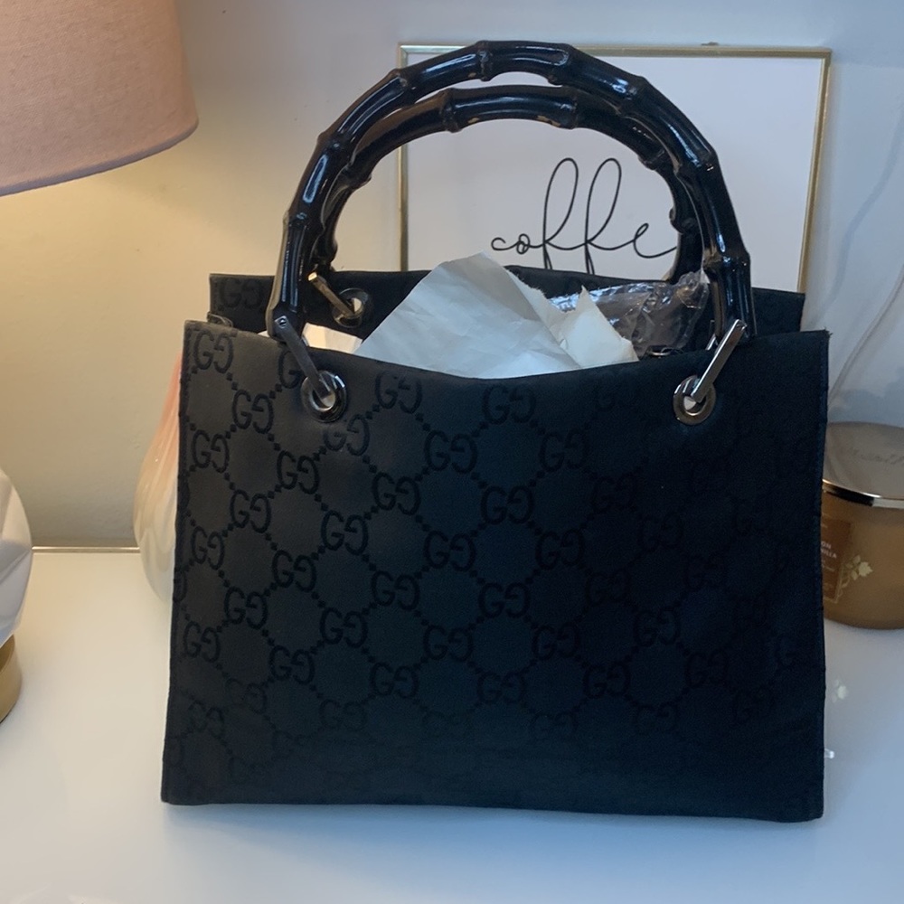 Gucci Bamboo Handle Tote Bag in Black GG Canvas GUC WITH COA